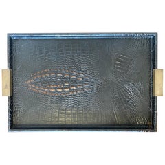 Vintage c1980 Crocodile Skin / Leather Tray with Brass Handles