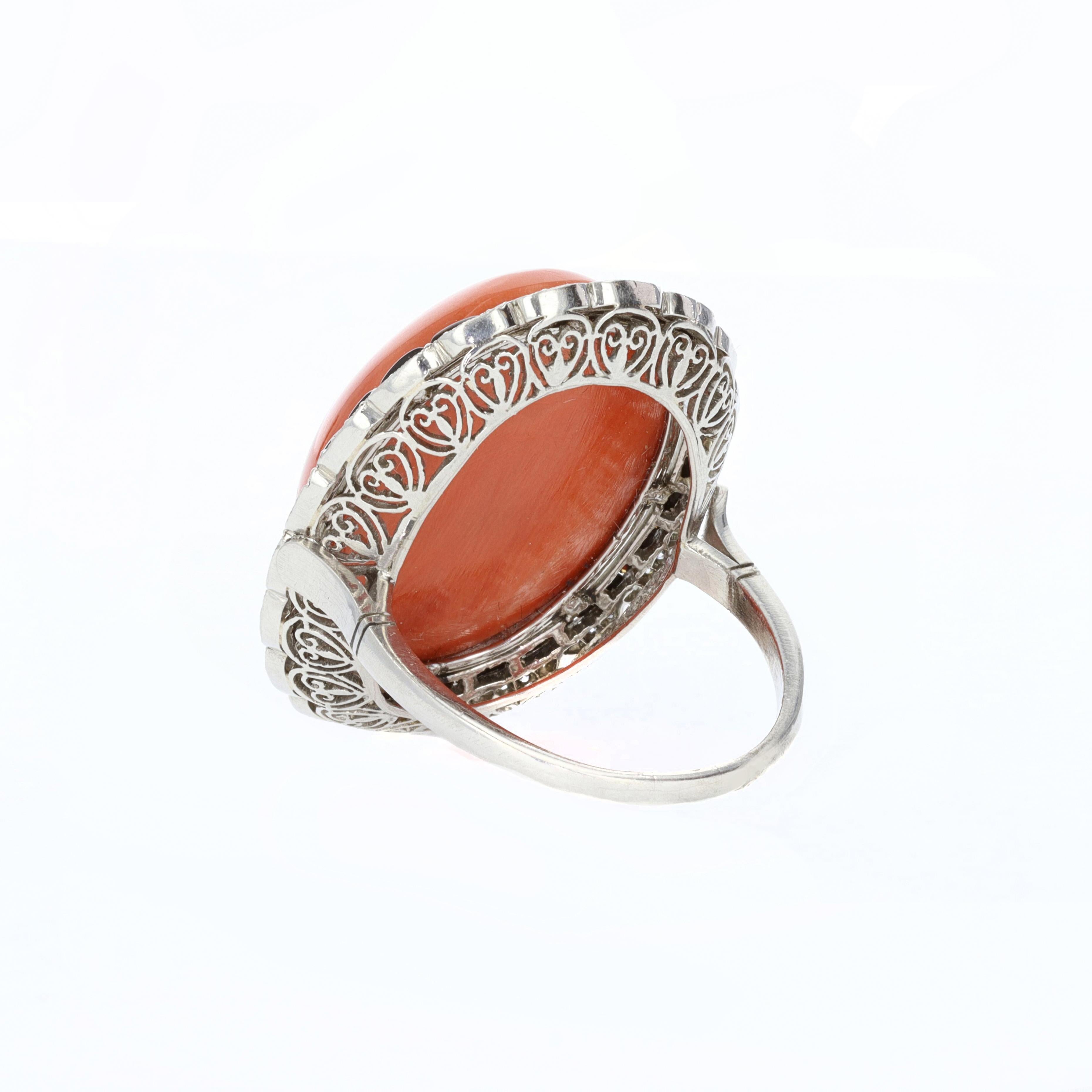 Art Deco Vintage Cabachon Coral and Black Onyx Cocktail Ring