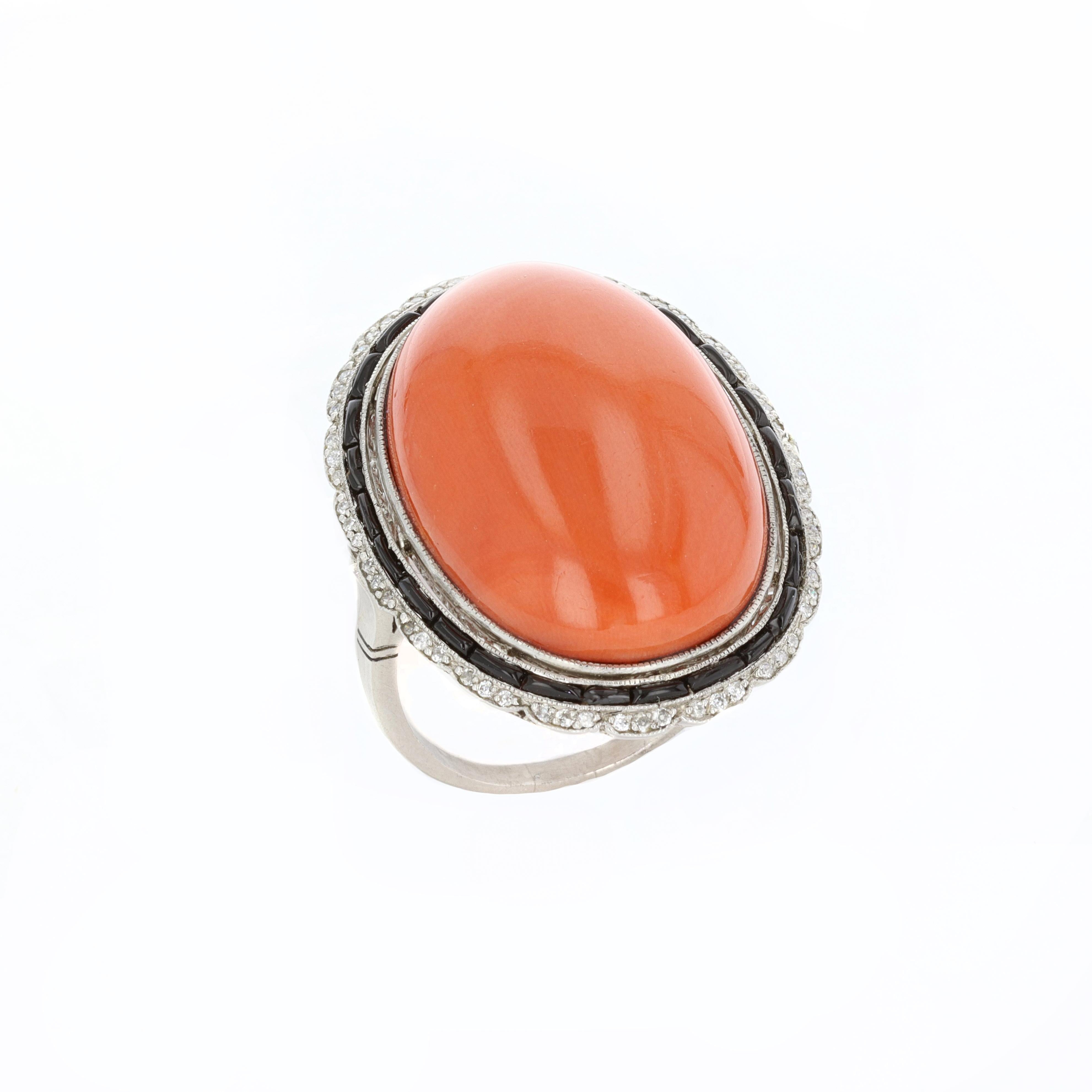 Women's Vintage Cabachon Coral and Black Onyx Cocktail Ring