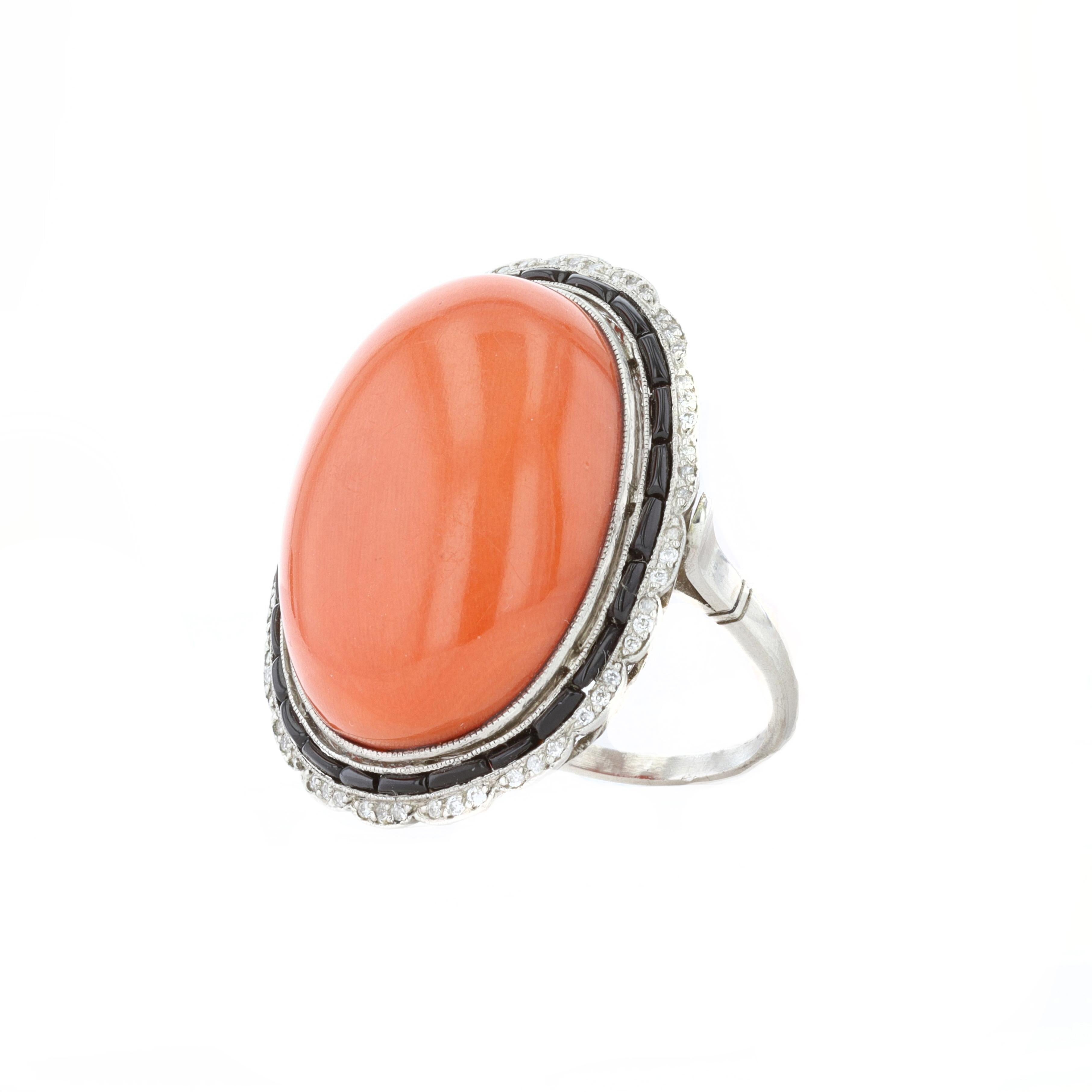 Vintage Cabachon Coral and Black Onyx Cocktail Ring 1