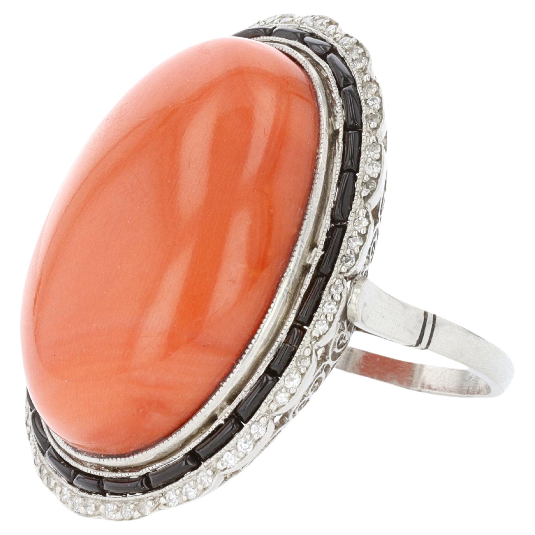 Vintage Cabachon Coral and Black Onyx Cocktail Ring