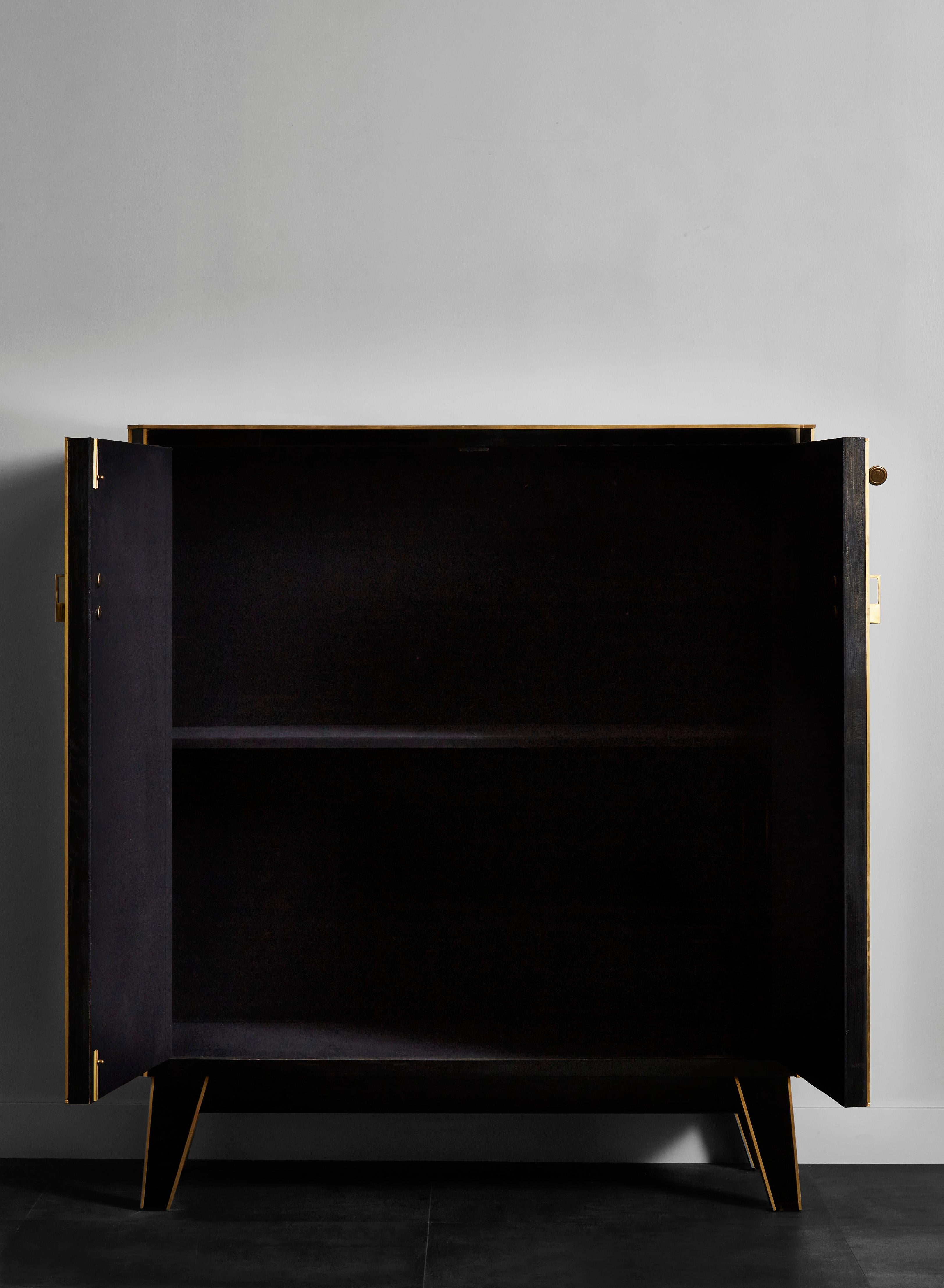Vintage wooden cabinet with 2 doors, entirely restored and customized with black tainted mirrors and brass inlays, Italy, 1970s.
