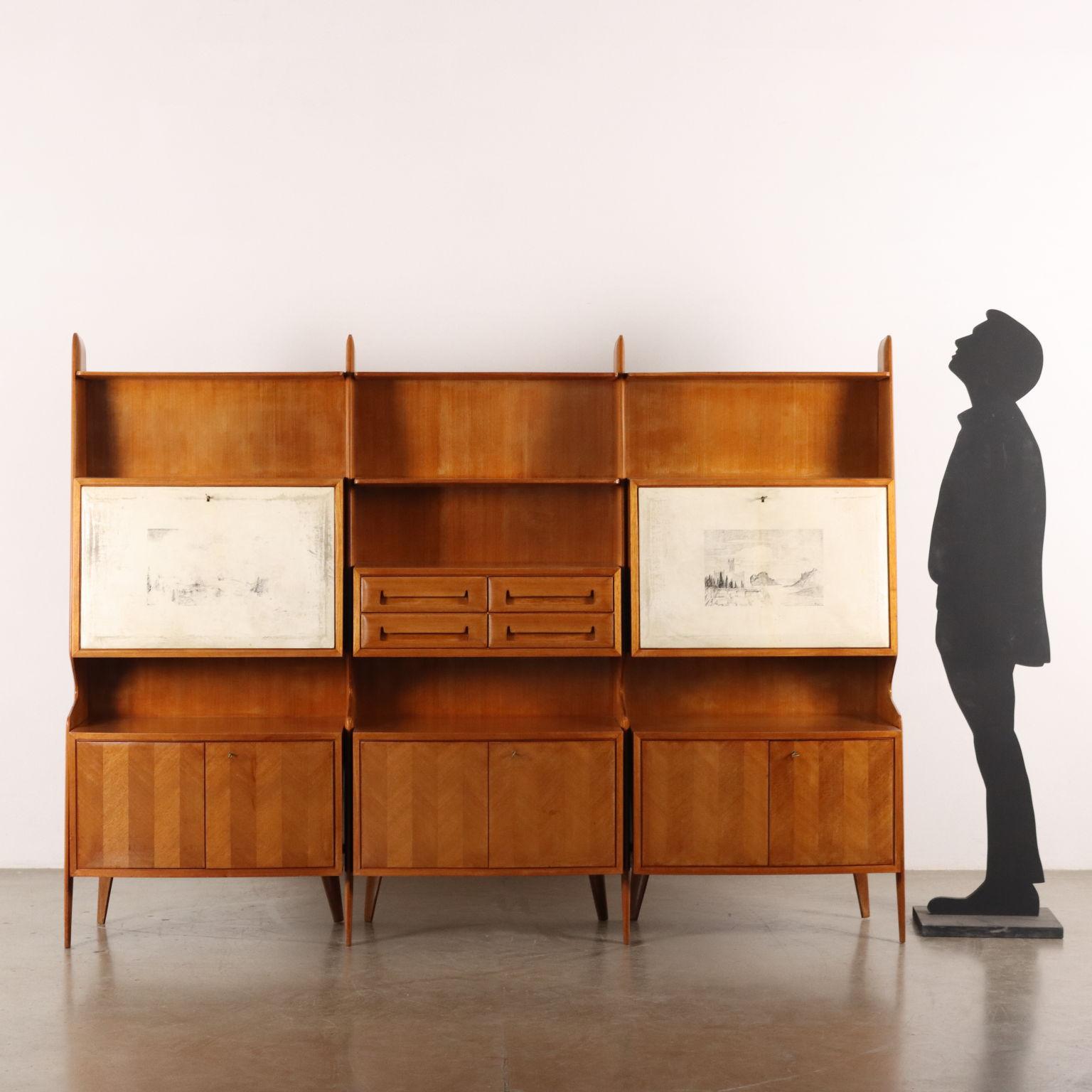 Cabinet with hinged doors, flaps and drawers. Mahogany veneered wood and parchement paper decoration.