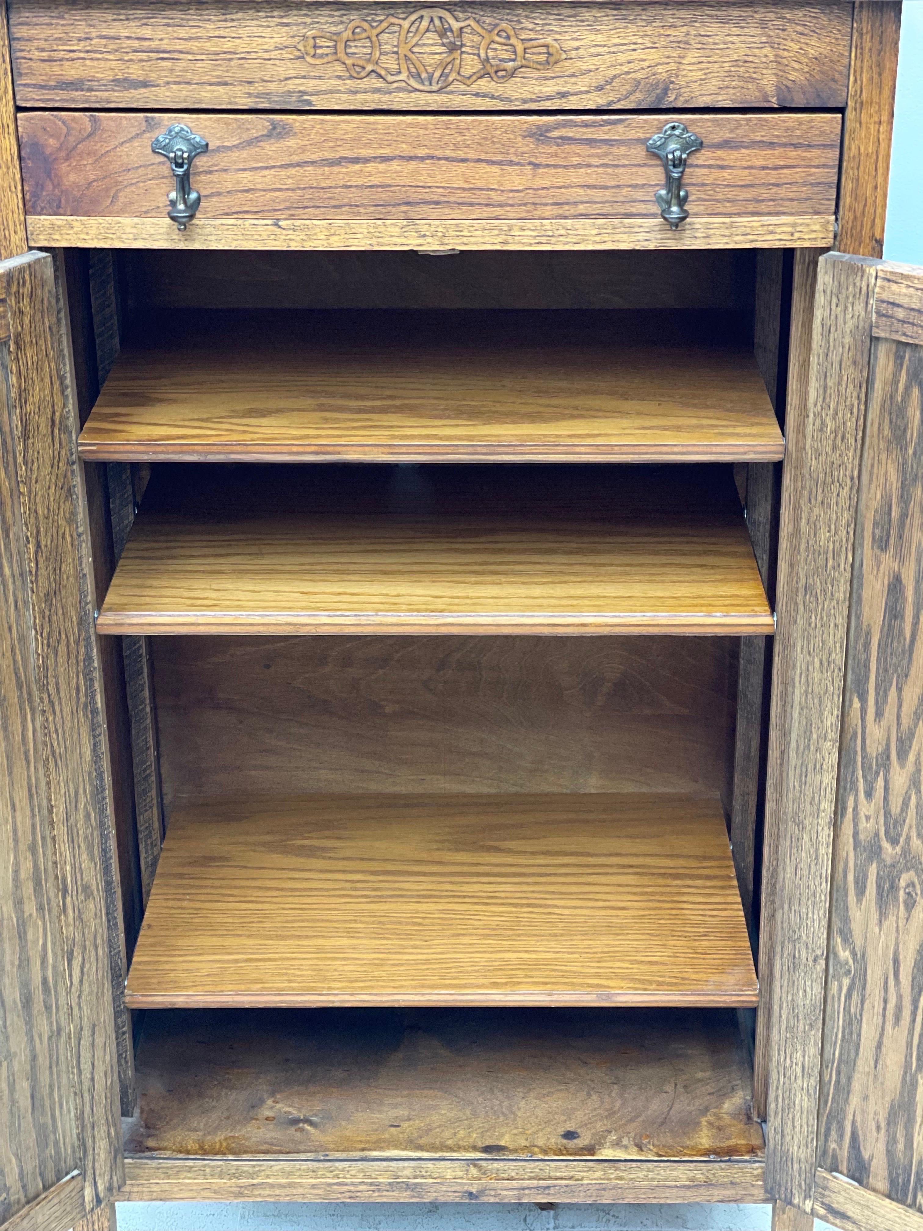 Vintage Cabinet Storage with Adjustable Shelves Possibly Tiger Oak In Good Condition For Sale In Seattle, WA