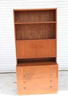 Poul Hundevard Danish Modern Teak 4 Drawer Drop Front Secretary w/ Bookshelf