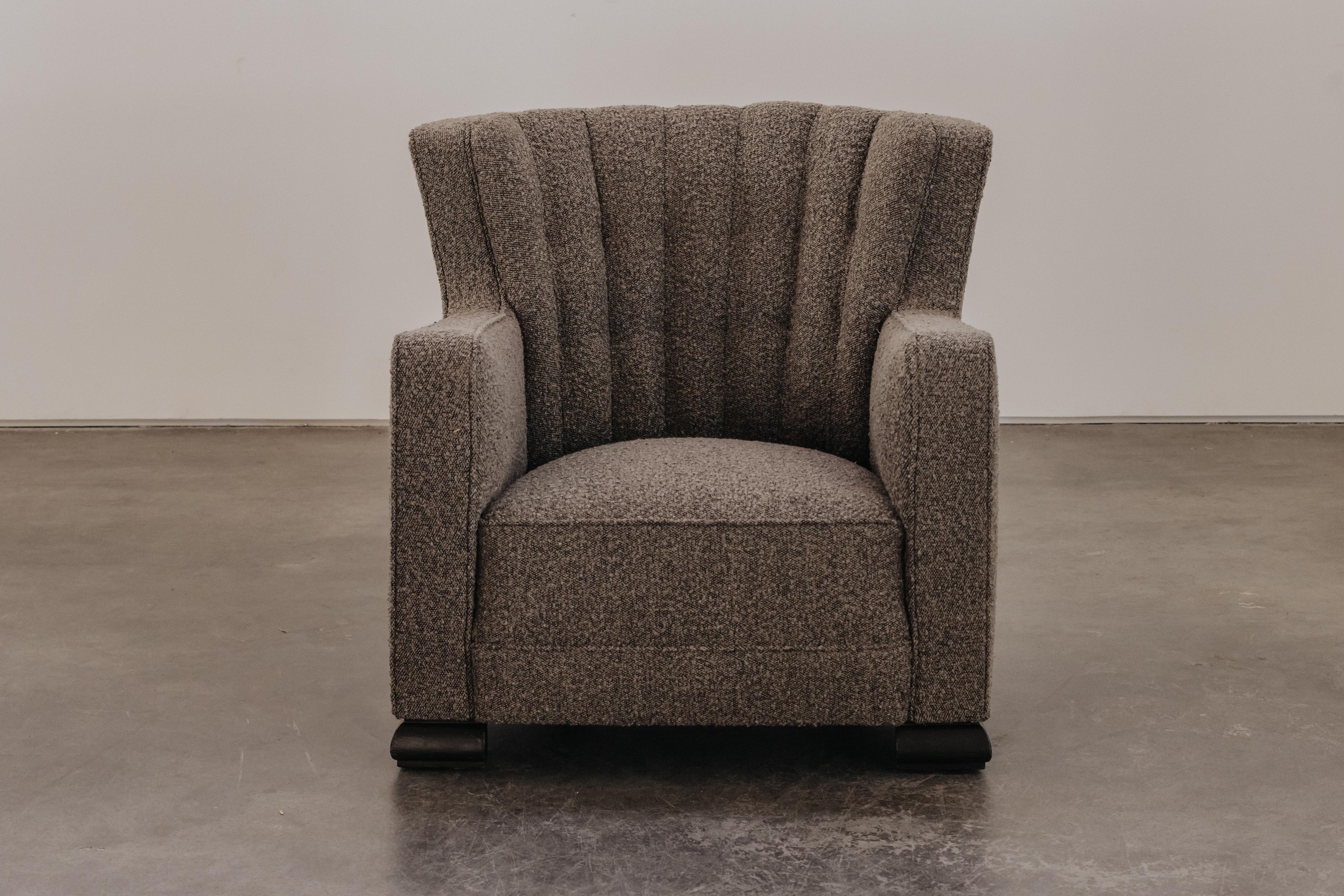 Vintage Cabinetmaker Lounge Chair From Denmark, Circa 1950.  Nice deco shaped model later upholstered in a grey fuzzy wool fabric.  Excellent condition.