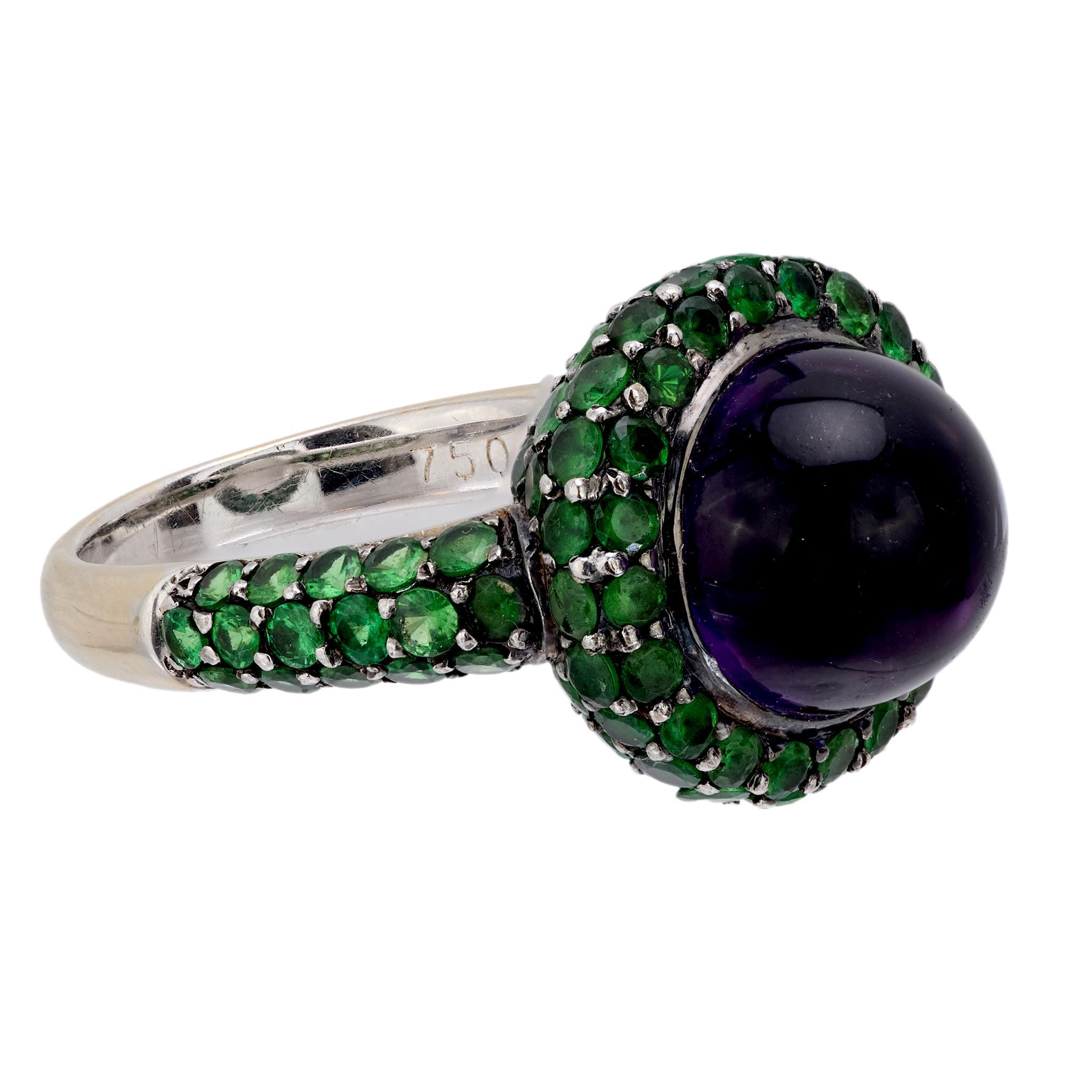 Cabochon Vintage cabochon amethyst tsavorite 18k white gold cocktail ring For Sale