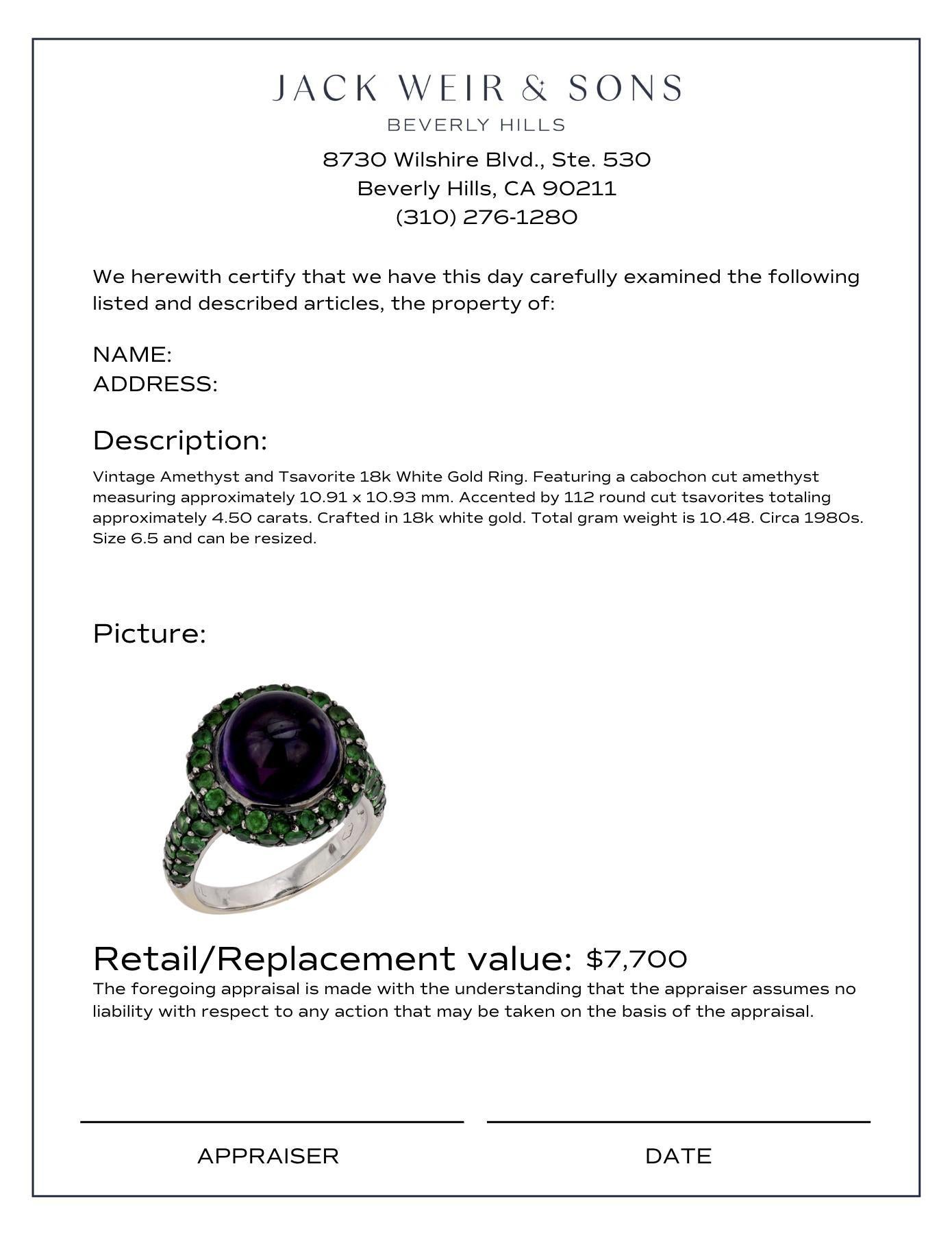 Vintage cabochon amethyst tsavorite 18k white gold cocktail ring In Good Condition For Sale In Beverly Hills, CA