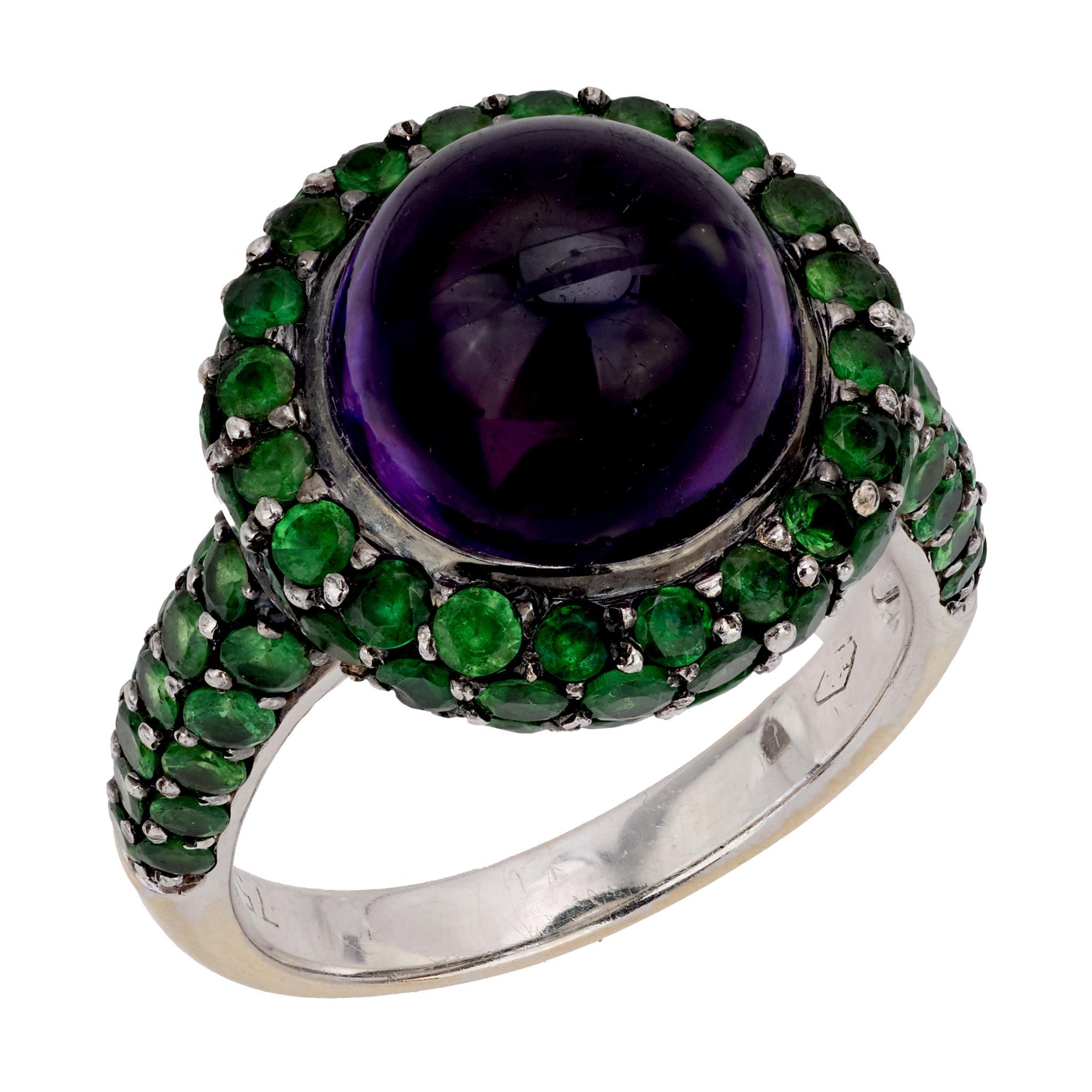 Vintage cabochon amethyst tsavorite 18k white gold cocktail ring For Sale
