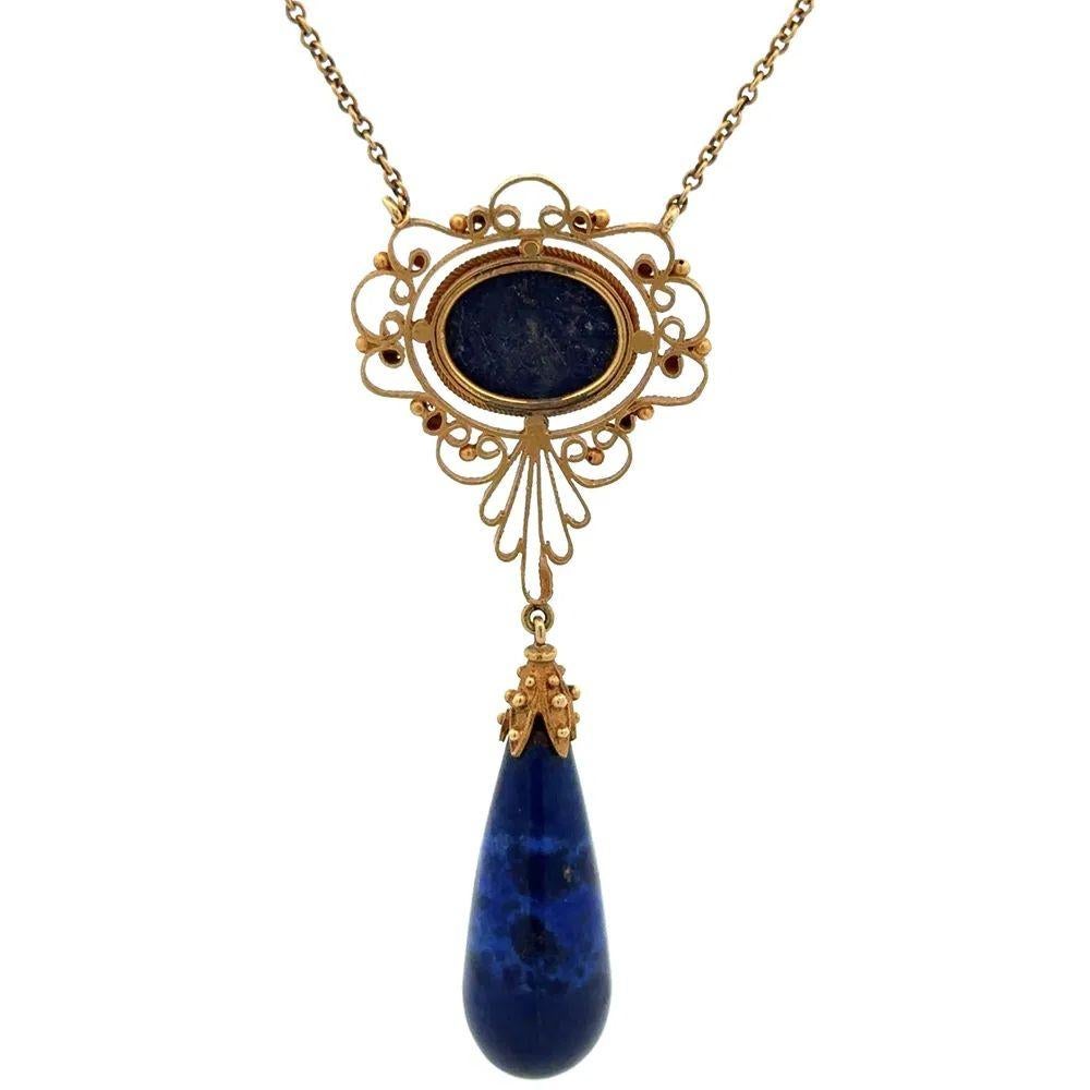 Collier pendentif vintage en Lapis Cabochon et Larmes de Lapis en or en vente 1