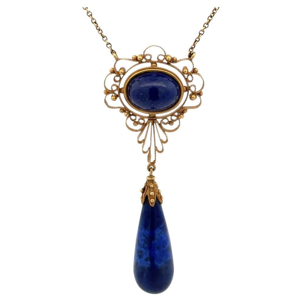 Collier pendentif vintage en Lapis Cabochon et Larmes de Lapis en or en vente