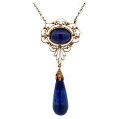 Vintage Cabochon und Tear Drop Lapis Gold Drop Anhänger Halskette