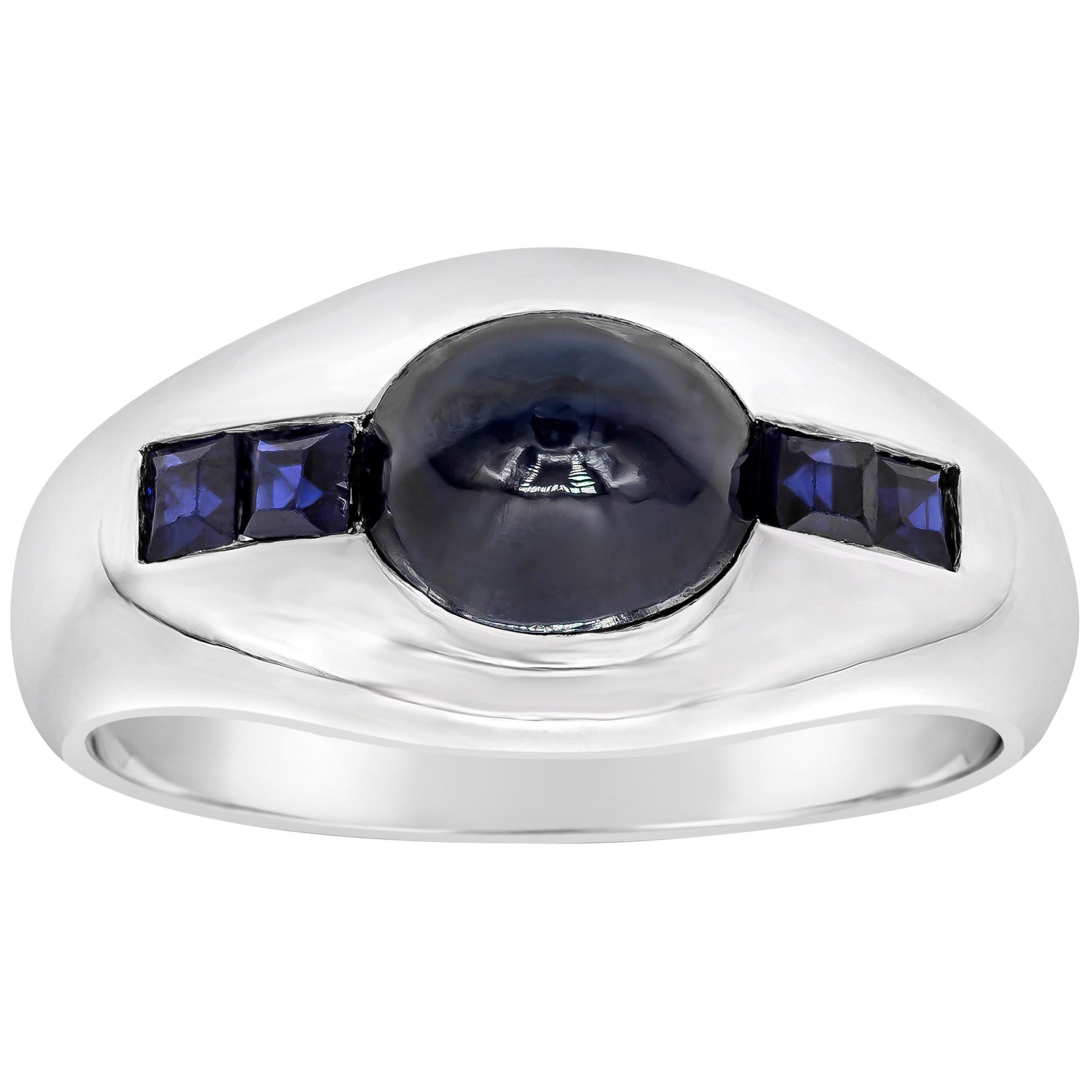 Platinring mit blauem Cabochon-Saphir im Cabochon-Schliff