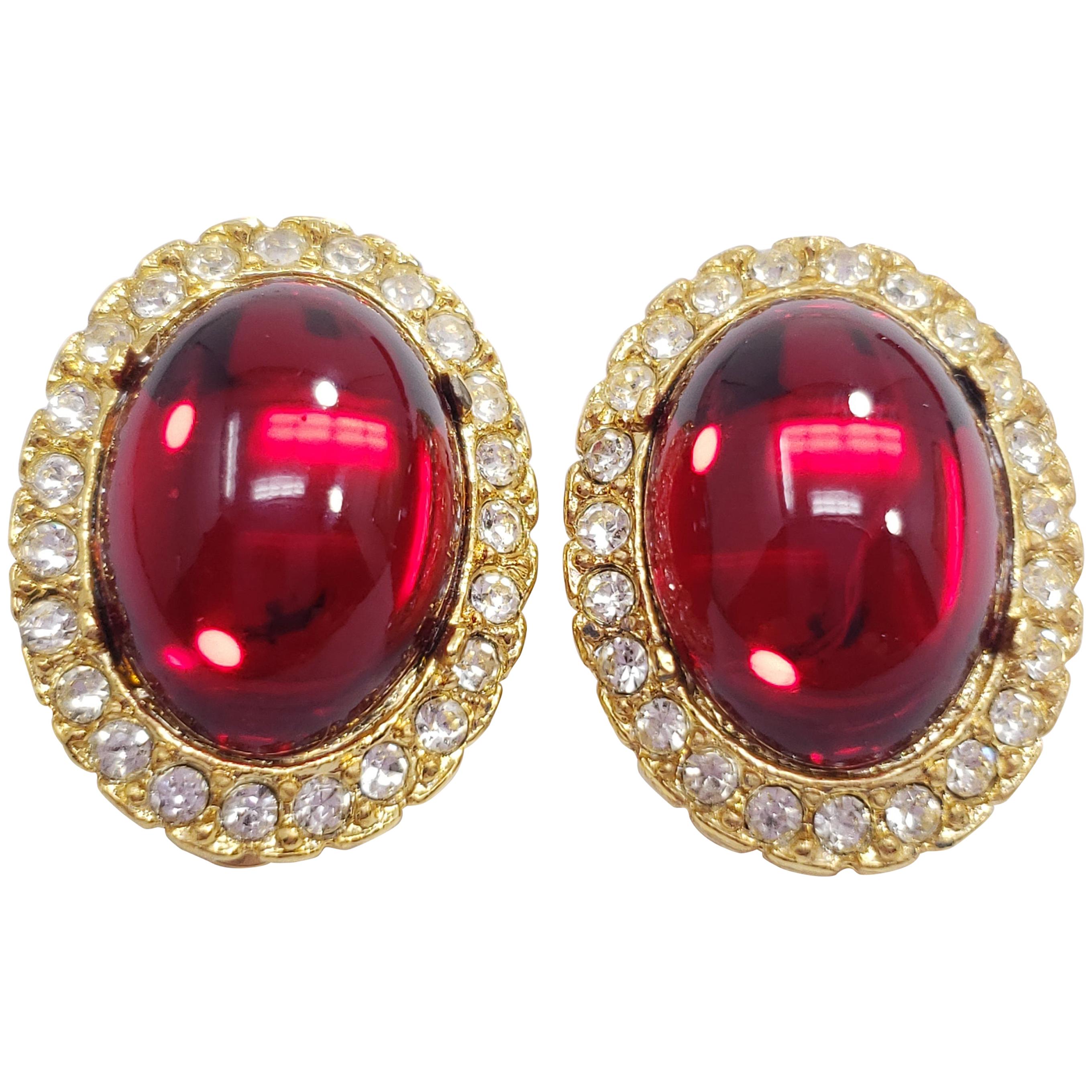 Vintage Cabochon Clip On Earrings In Gold, Ruby and Clear Crystals, 20th Century