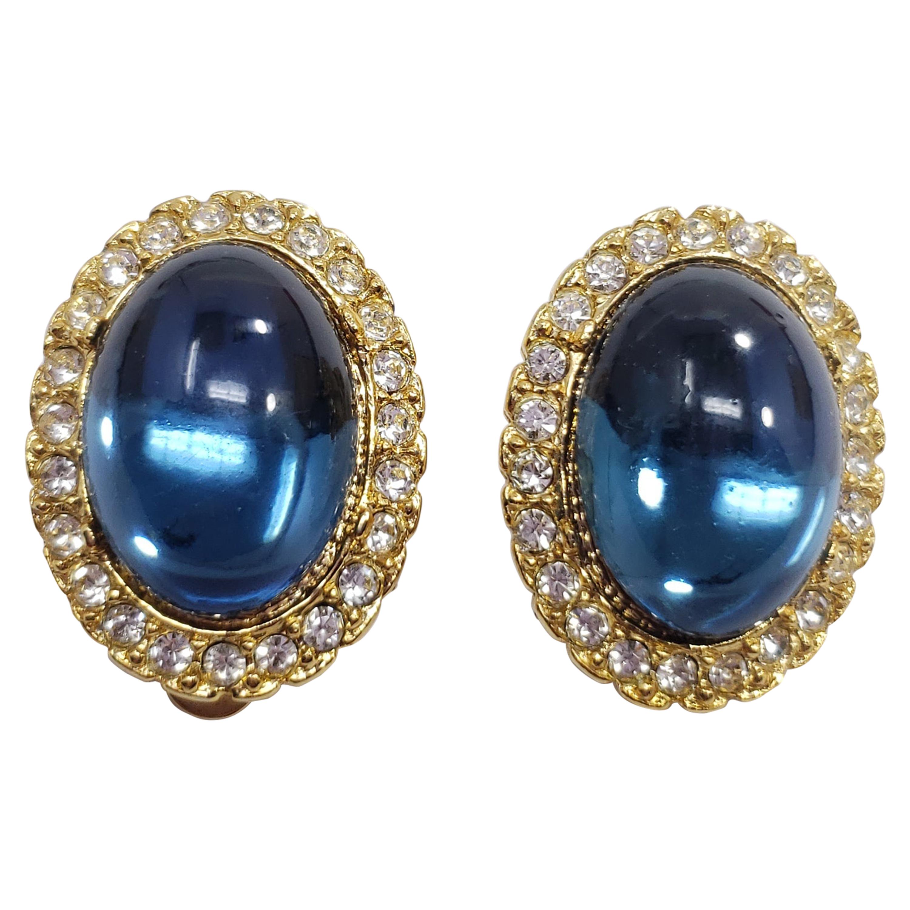 Vintage Cabochon Clip On Earrings In Gold, Sapphire and Clear Crystals