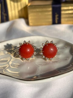 Vintage Cabochon Coral 1.50 tcw Diamond 18k Yellow Gold Omega Back Earrings