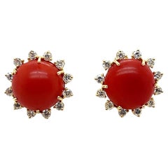 Vintage Cabochon Coral 1.50 tcw Diamond 18k Yellow Gold Omega Back Earrings Vintage Cabochon Coral 1.50 tcw Diamond 18k Yellow Gold Omega Back Earrings