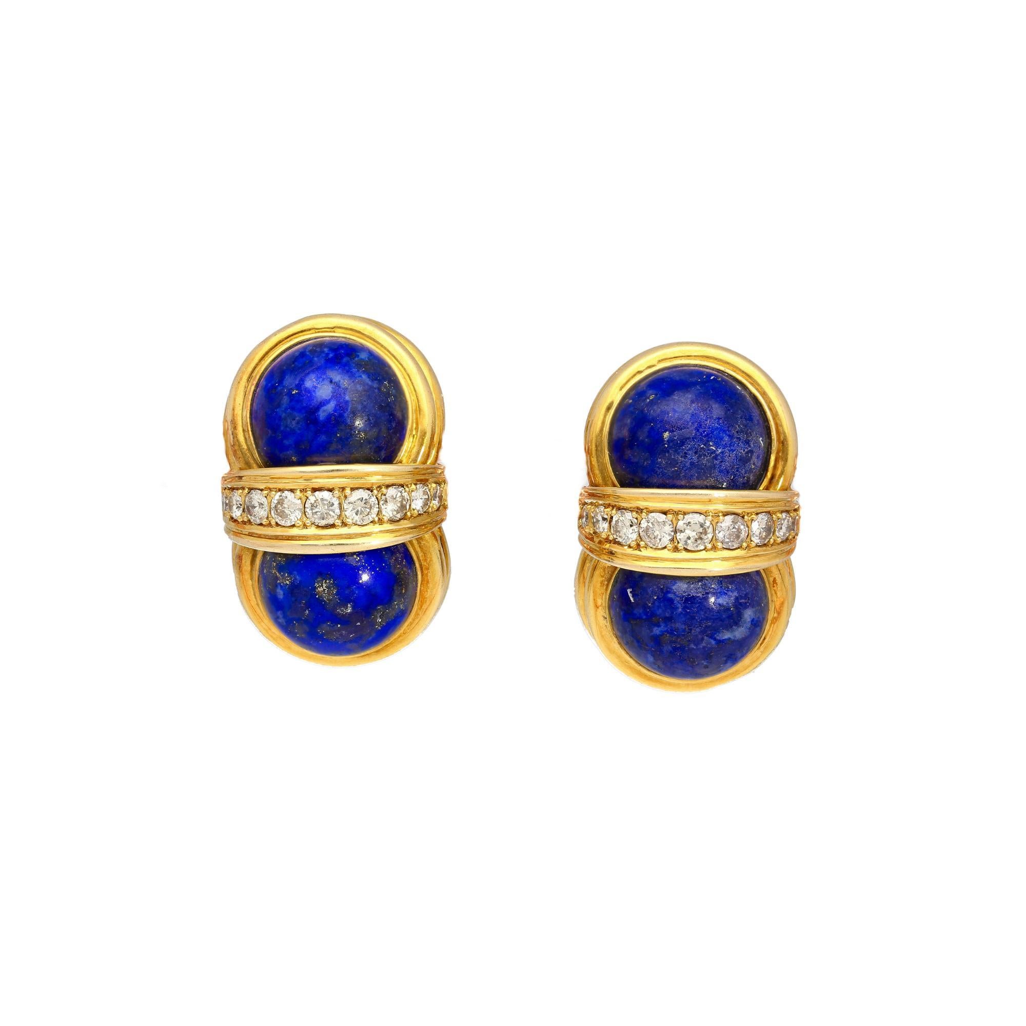 Art déco Boucles d'oreilles à clip en or jaune 18K, lapis-lazuli et diamants, taille cabochon en vente