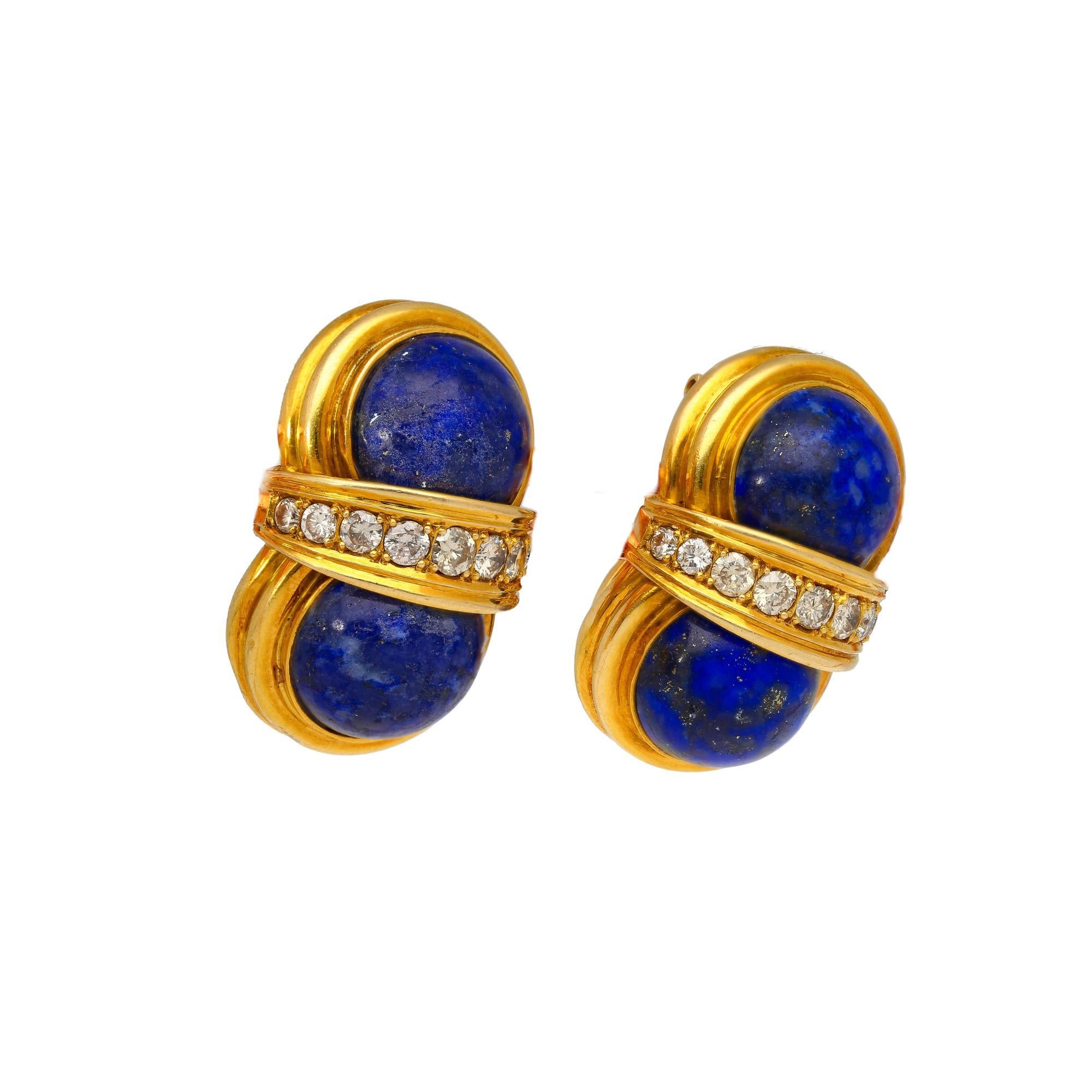 Boucles d'oreilles à clip en or jaune 18K, lapis-lazuli et diamants, taille cabochon en vente 2