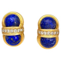 Vintage Cabochon Cut Lapis Lazuli and Diamond 18K Yellow Gold Clip-On Earrings