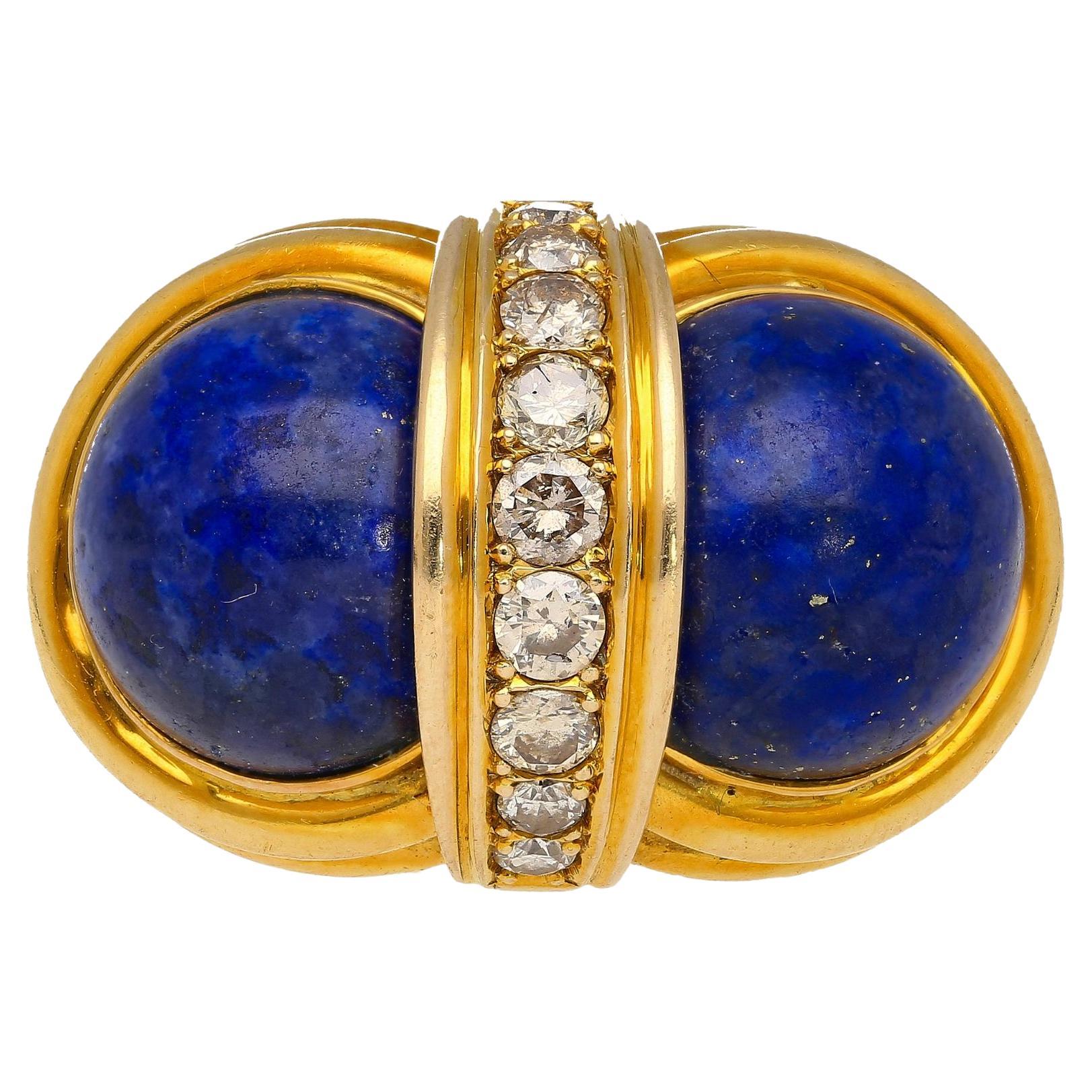 Anillos vintage de oro amarillo de 18 quilates con lapislázuli y diamantes en talla cabujón