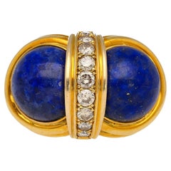 Anillos vintage de oro amarillo de 18 quilates con lapislázuli y diamantes en talla cabujón