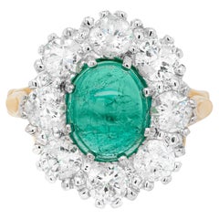 Retro Cabochon Emerald and Diamond Cluster 18 Carat Gold Engagement Ring, 1974