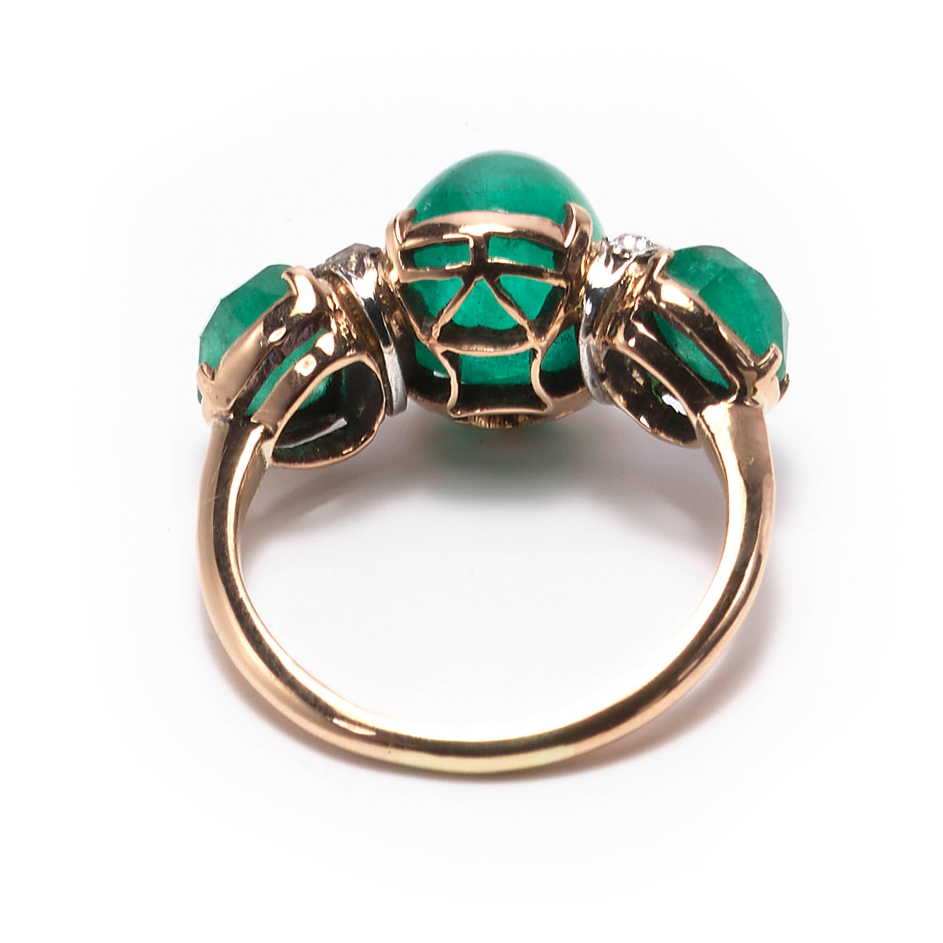 Contemporary Vintage Cabochon Emerald and Diamond Three-Stone Ring