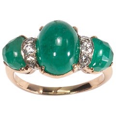 Vintage Cabochon Emerald and Diamond Three-Stone Ring