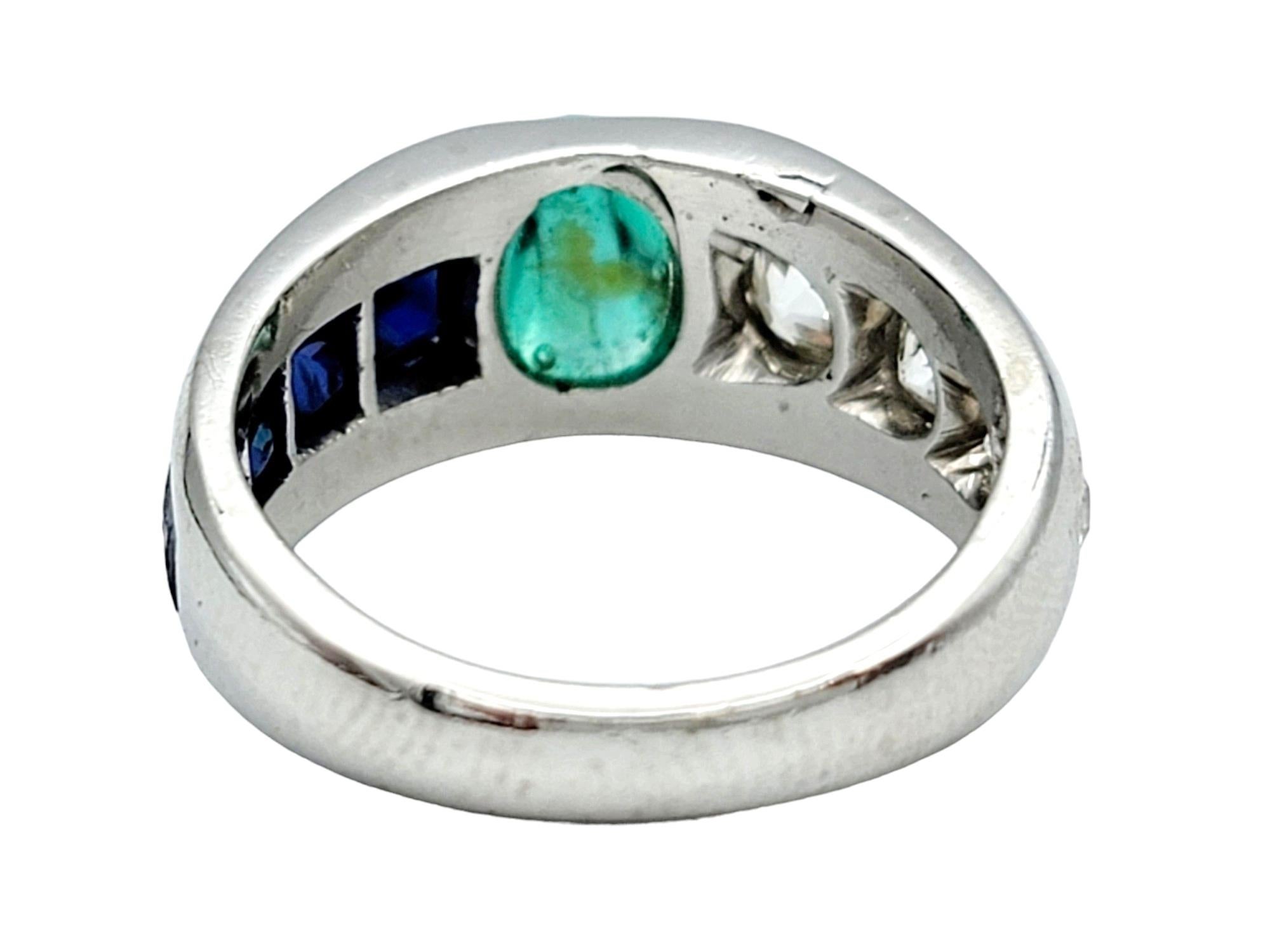 Vintage Cabochon Emerald, Sapphire, and Diamond Band Ring Set in Platinum For Sale 5