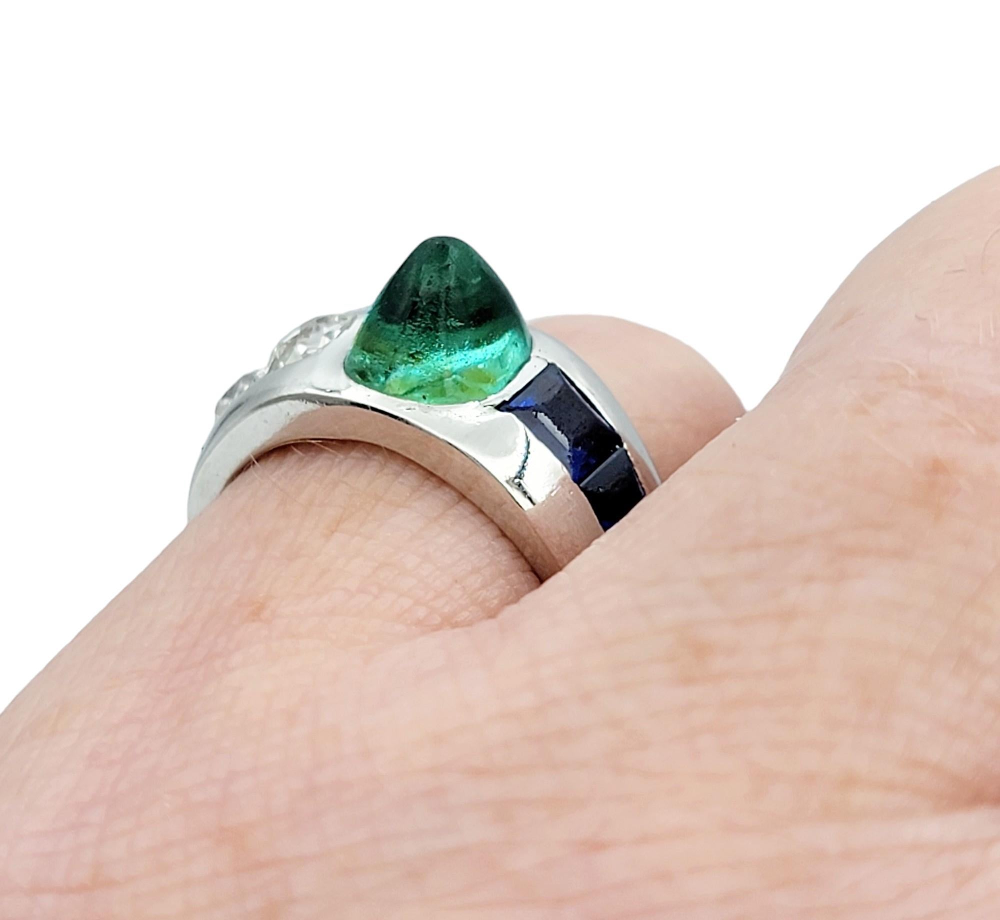 Vintage Cabochon Emerald, Sapphire, and Diamond Band Ring Set in Platinum For Sale 7