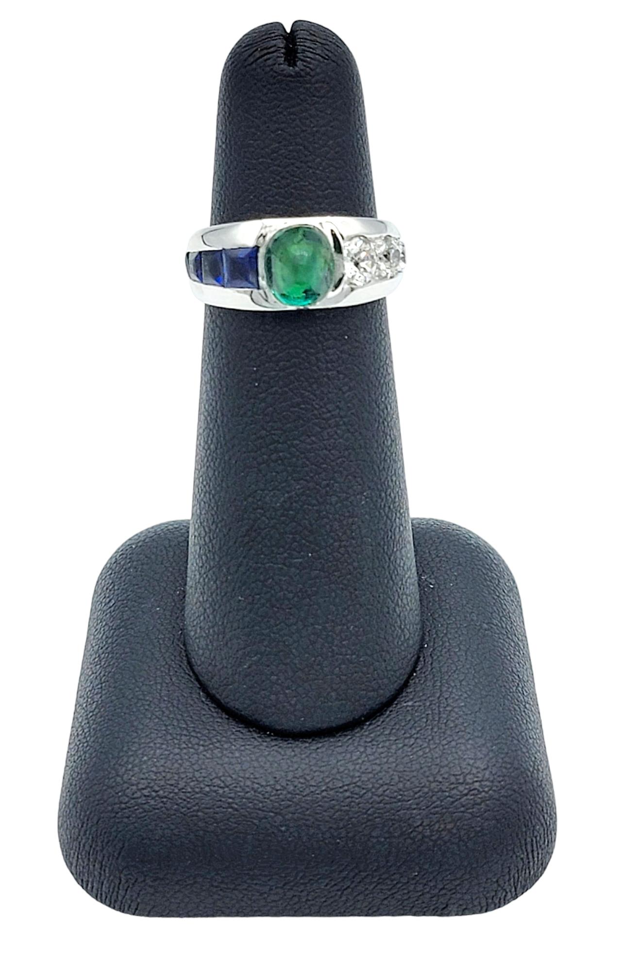 Vintage Cabochon Emerald, Sapphire, and Diamond Band Ring Set in Platinum For Sale 8