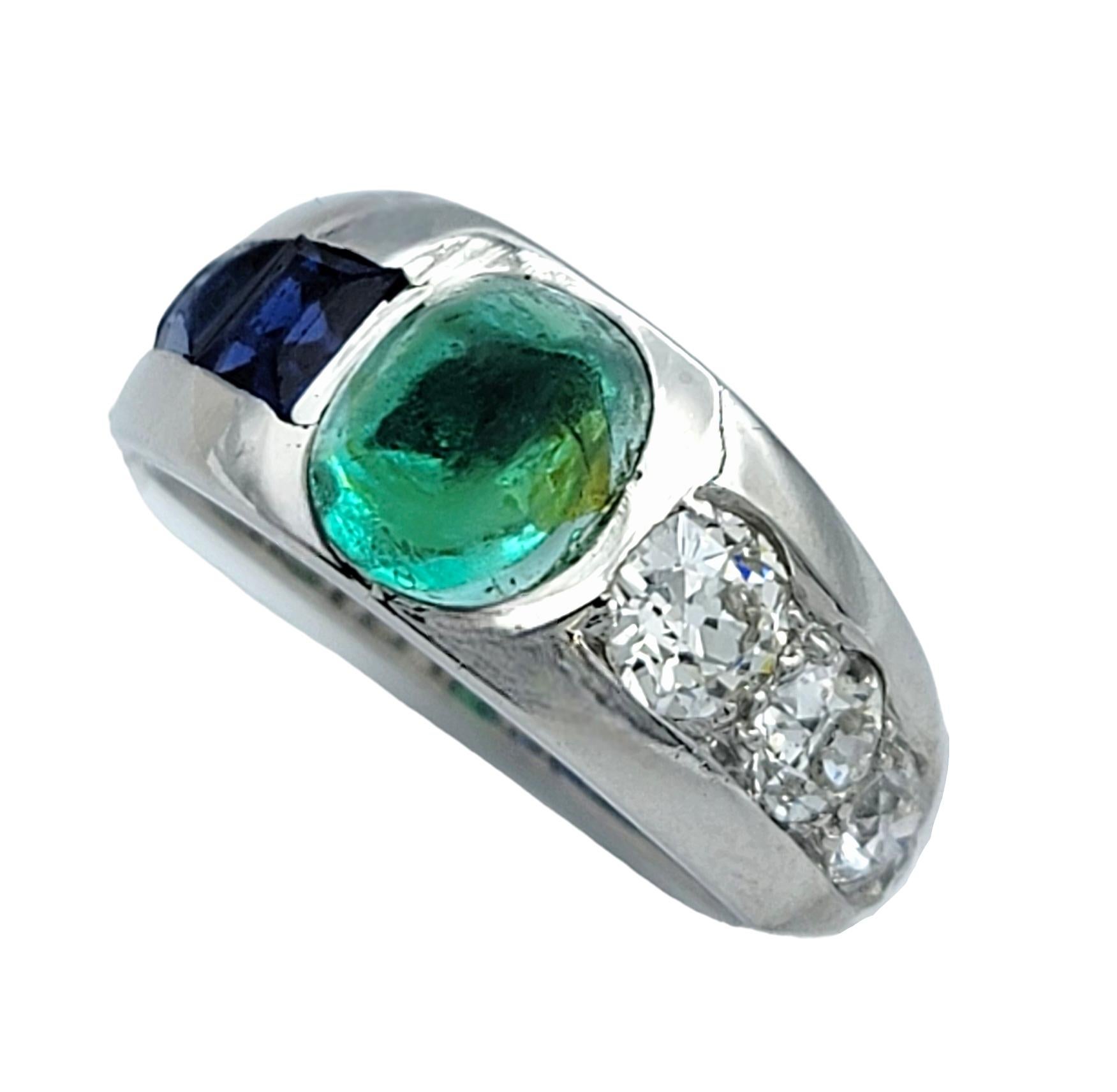 Contemporary Vintage Cabochon Emerald, Sapphire, and Diamond Band Ring Set in Platinum For Sale