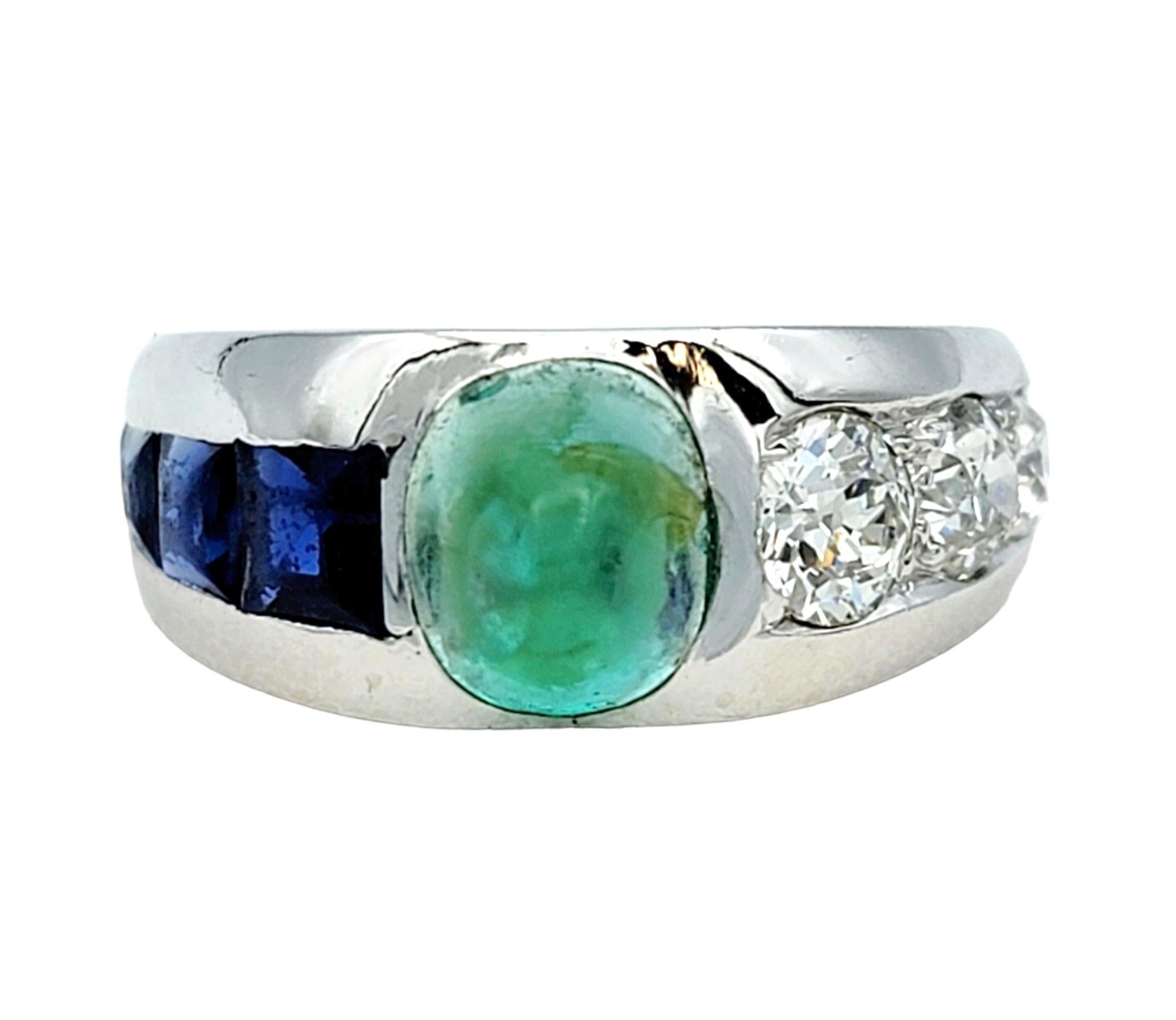 Vintage Cabochon Emerald, Sapphire, and Diamond Band Ring Set in Platinum In Good Condition For Sale In Scottsdale, AZ