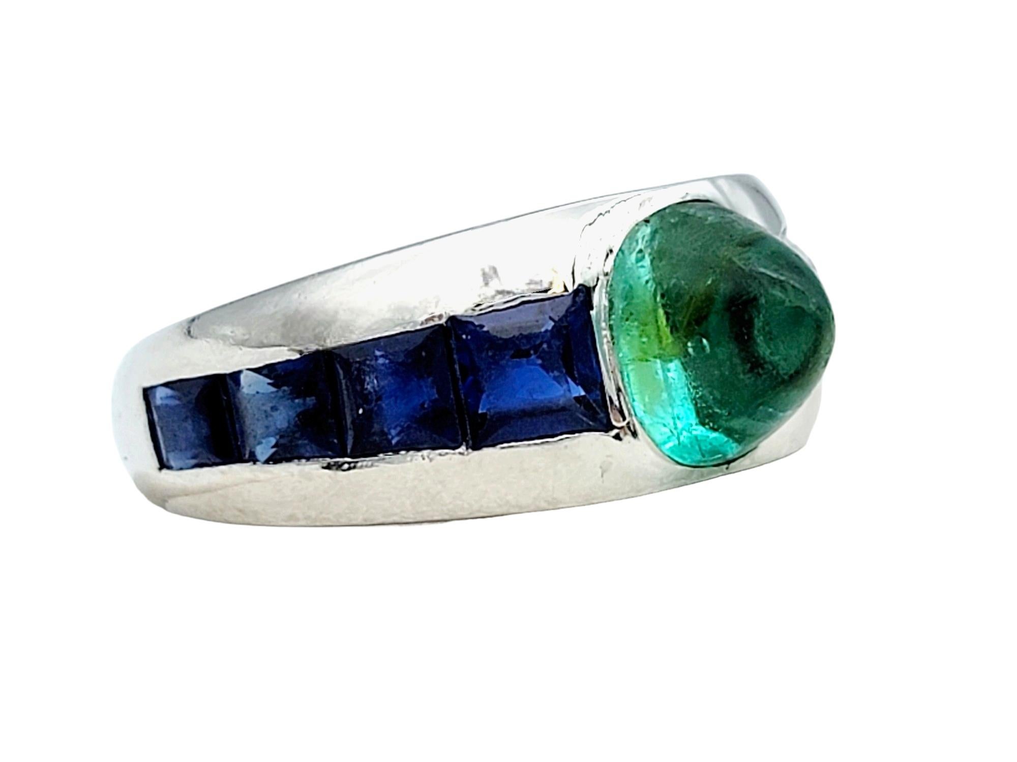 Women's Vintage Cabochon Emerald, Sapphire, and Diamond Band Ring Set in Platinum For Sale