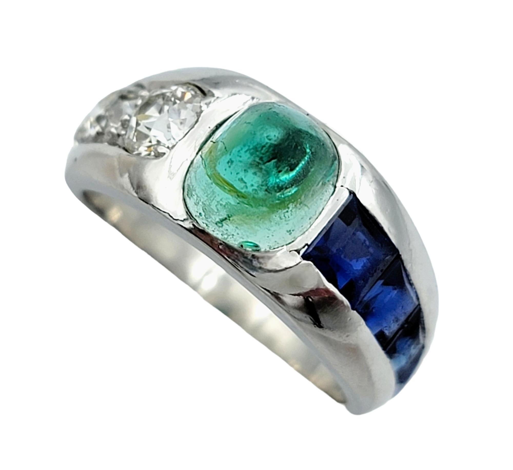 Vintage Cabochon Emerald, Sapphire, and Diamond Band Ring Set in Platinum For Sale 1