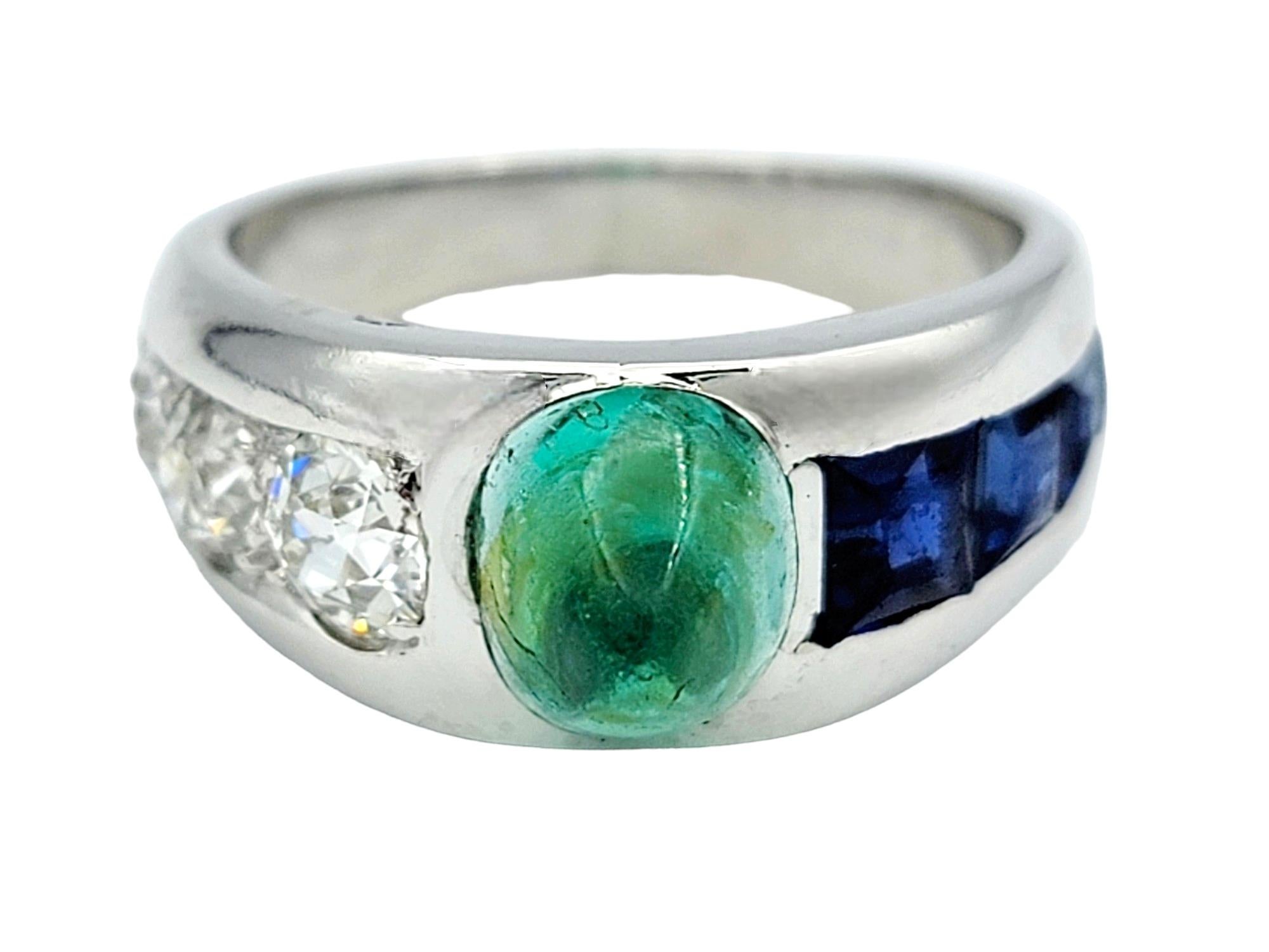 Vintage Cabochon Emerald, Sapphire, and Diamond Band Ring Set in Platinum For Sale 2