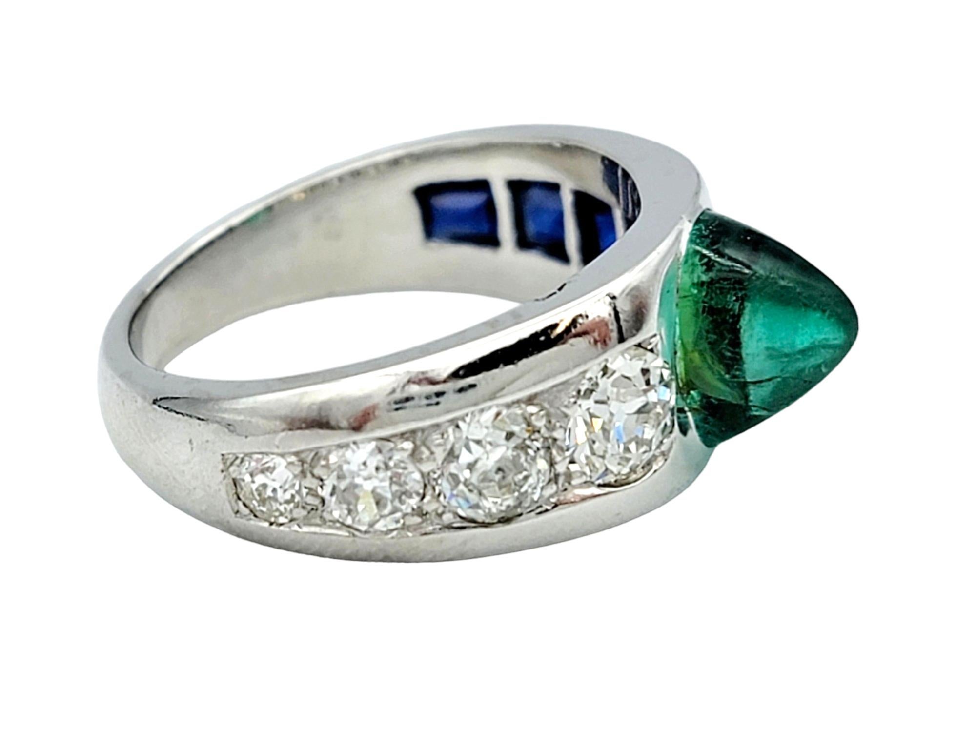 Vintage Cabochon Emerald, Sapphire, and Diamond Band Ring Set in Platinum For Sale 3