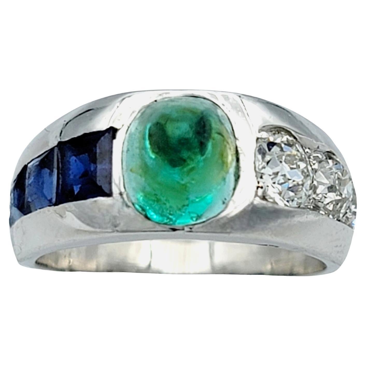 Vintage Cabochon Emerald, Sapphire, and Diamond Band Ring Set in Platinum For Sale