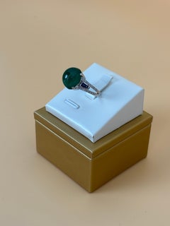 Vintage Cabochon Emerald, Sapphire, and Diamond White Gold Cocktail Ring