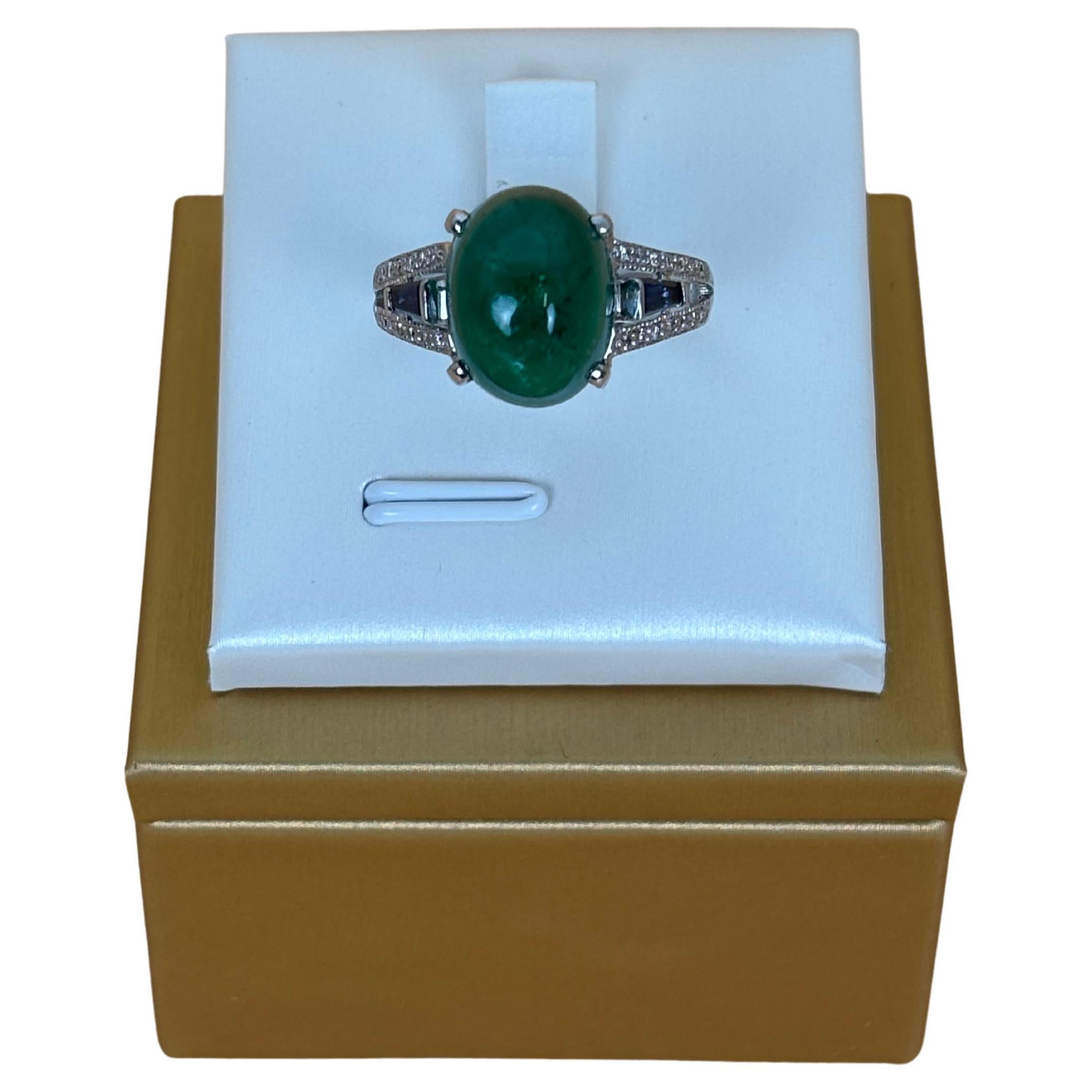 Vintage Cabochon Emerald, Sapphire, and Diamond White Gold Cocktail Ring For Sale