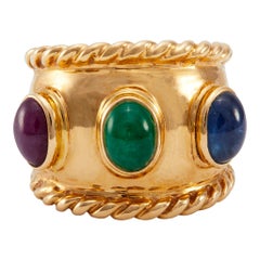 Vintage Cabochon Gemstone 14k Yellow Gold Thick Band Ring