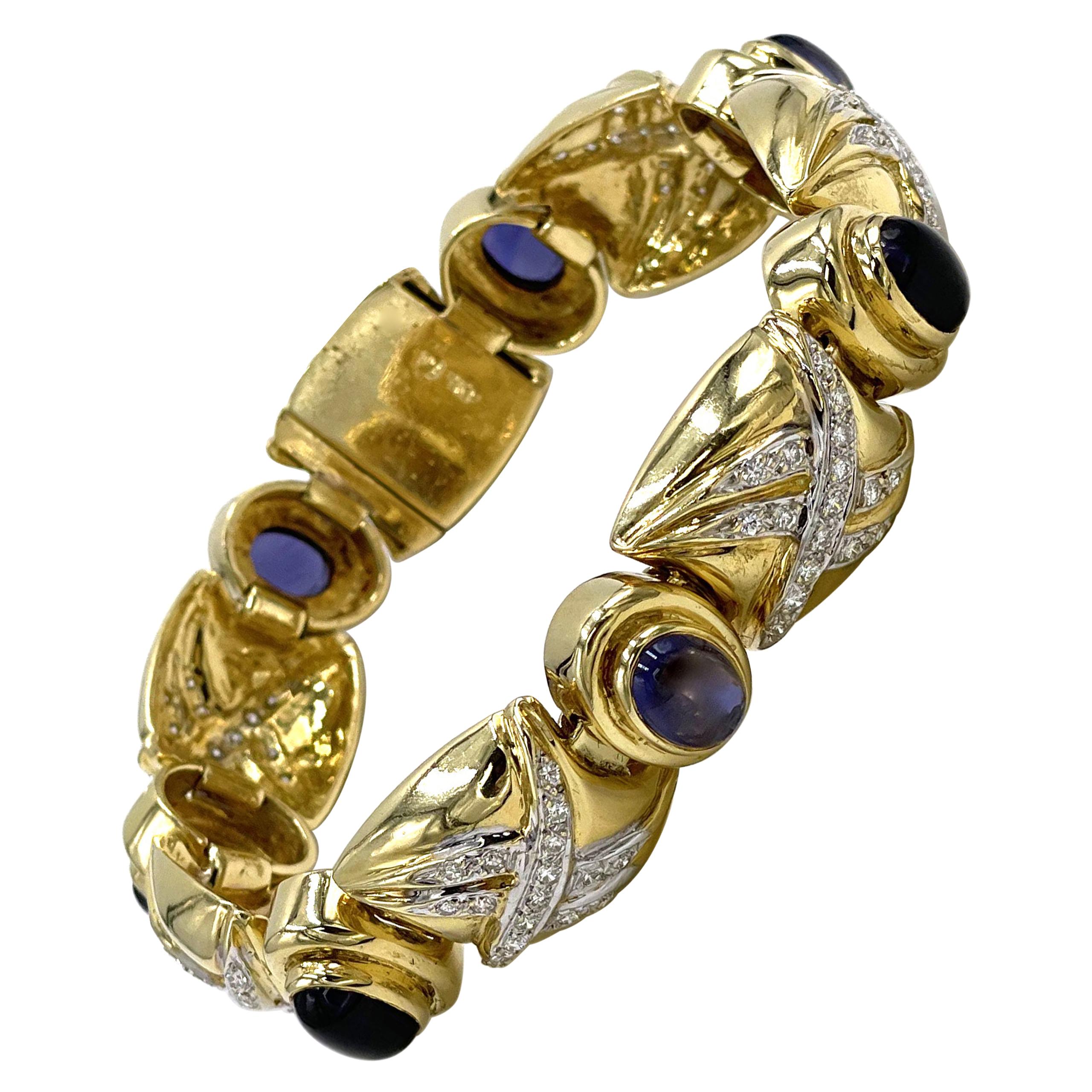 Vintage Bezel Set Cabochon Iolite Wide Bracelet with Round Diamonds For Sale