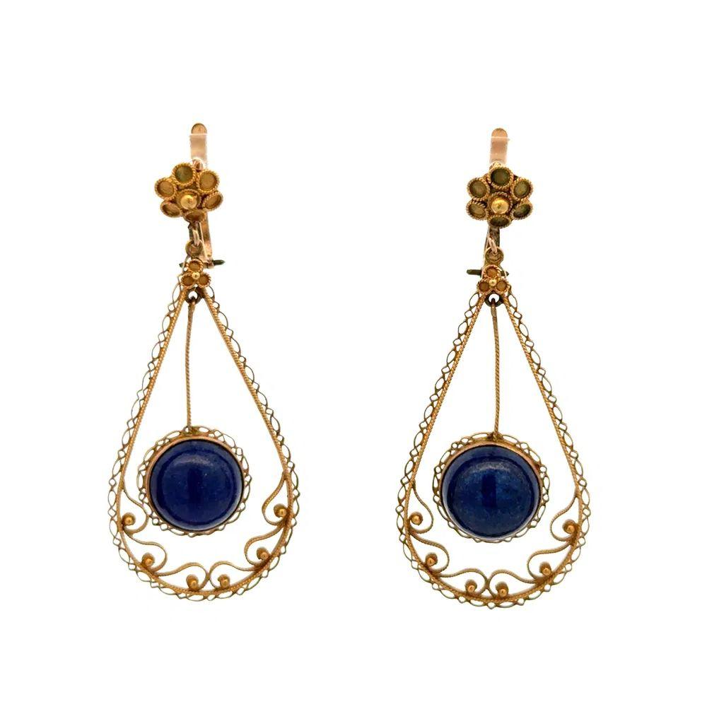 Vintage Cabochon Lapis mit Granulation Etruscan Design Gold Tropfen Ohrringe im Zustand „Hervorragend“ im Angebot in Montreal, QC