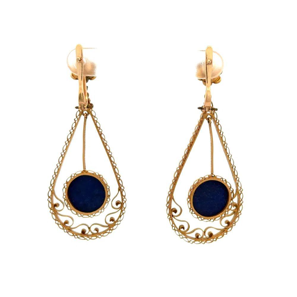 Vintage Cabochon Lapis mit Granulation Etruscan Design Gold Tropfen Ohrringe Damen im Angebot