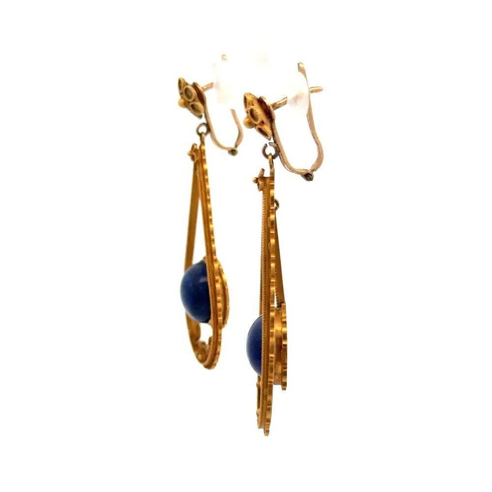 Vintage Cabochon Lapis mit Granulation Etruscan Design Gold Tropfen Ohrringe im Angebot 1