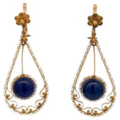 Vintage Cabochon Lapis mit Granulation Etruscan Design Gold Tropfen Ohrringe