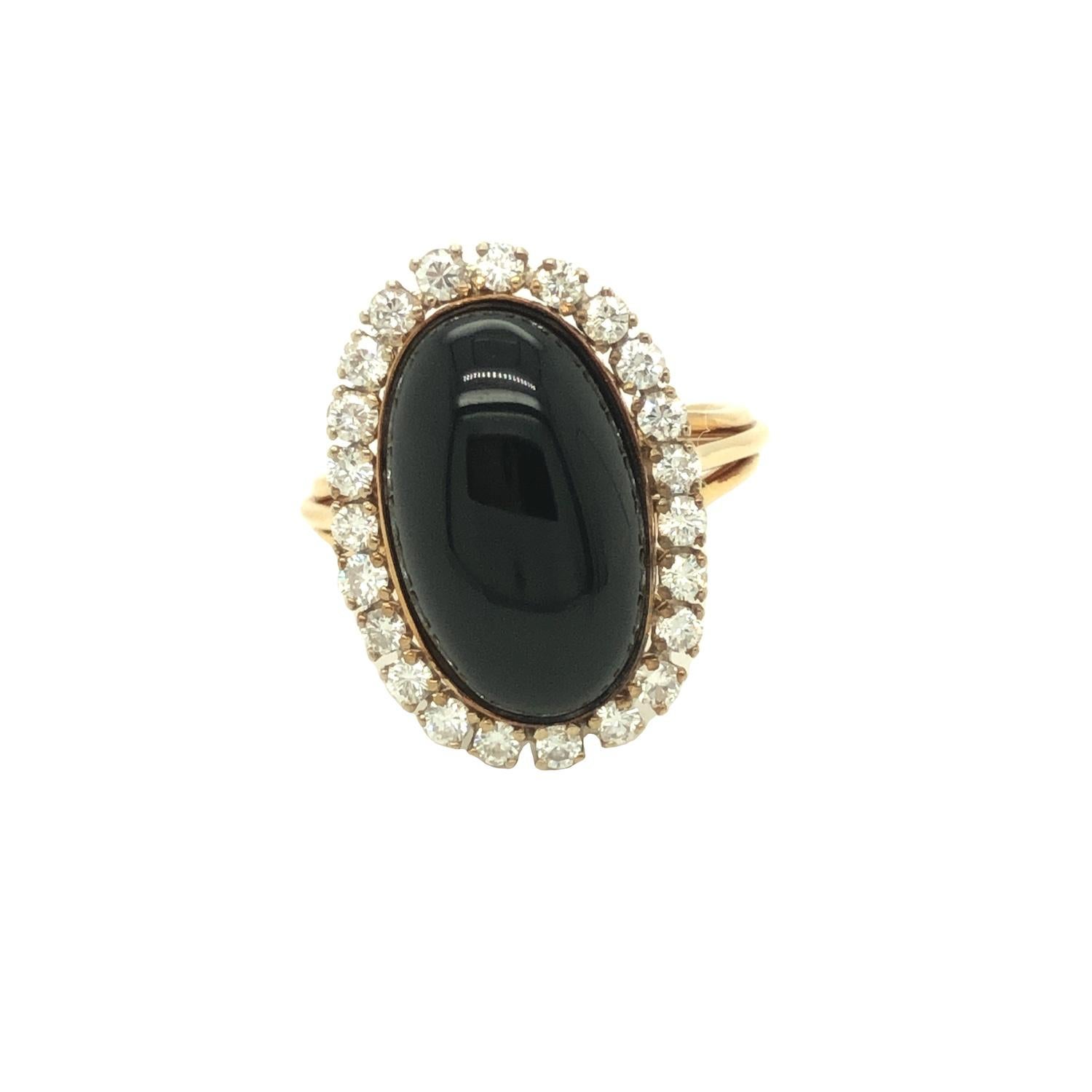 Women's Vintage Cabochon Onyx and Diamond Halo Ring 14K Yellow Gold For Sale