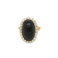 Vintage Cabochon Onyx and Diamond Halo Ring 14K Yellow Gold