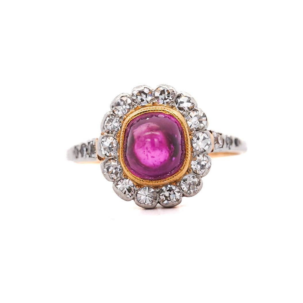 Vintage Cabochon Pinkish Purple Sapphire & Old Euro Diamond Floral Halo Ring im Angebot 3